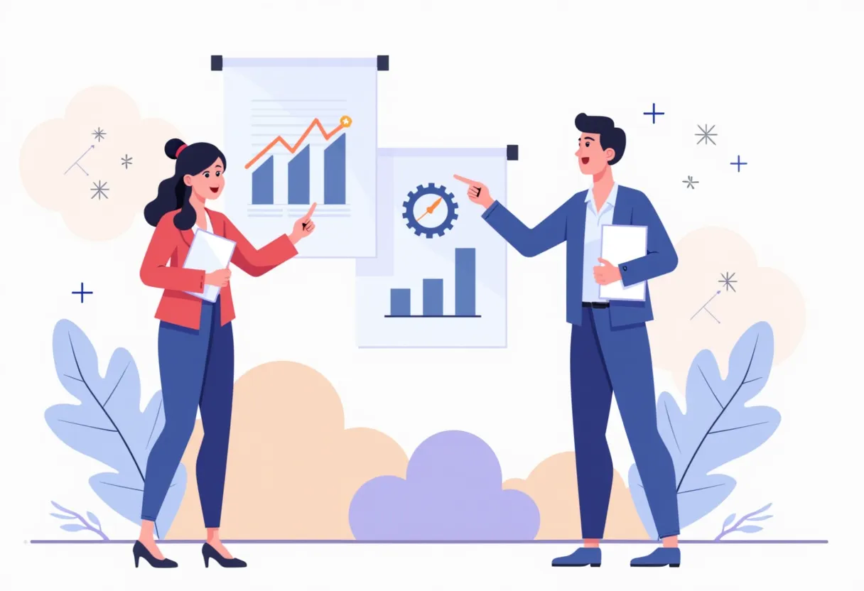 Two business professionals analyzing bar and line charts during a presentation
